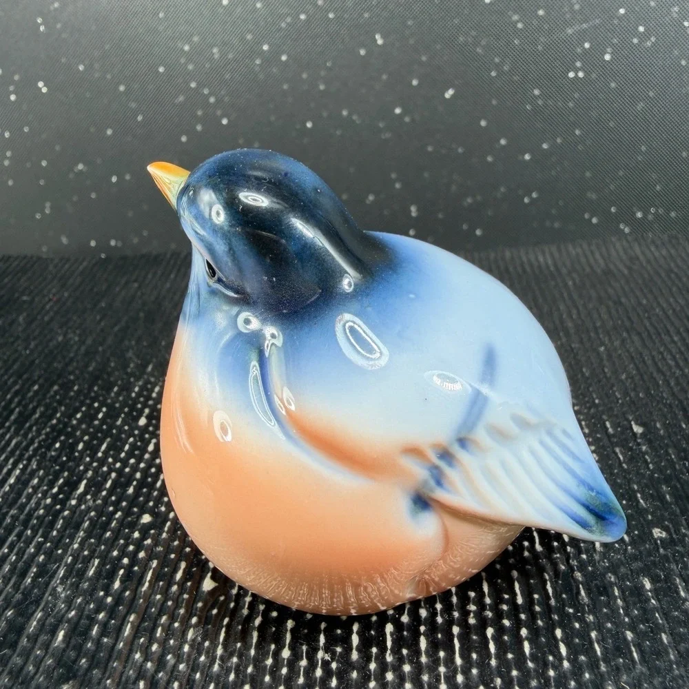 Vintage Chubby Blue Bird Porcelain Figurine Round Glossy Glazed Figure 2.5 inch